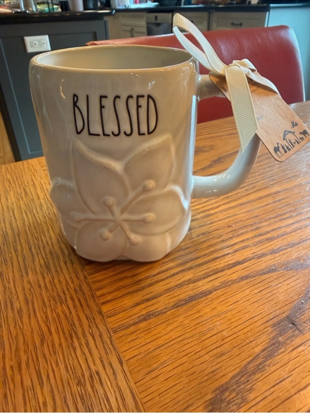 Rae Dunn 'BLESSED' Cream Ceramic Mug with Floral Relief